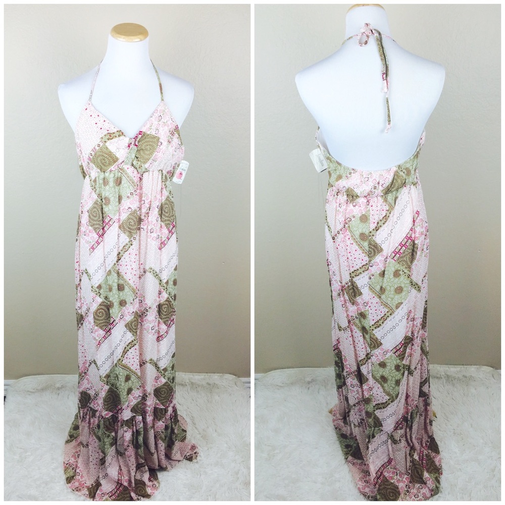 AKIKO Floral Patchwork Halter Maxi Dress SMALL Boho Flowy Summer Beach Pink NWT